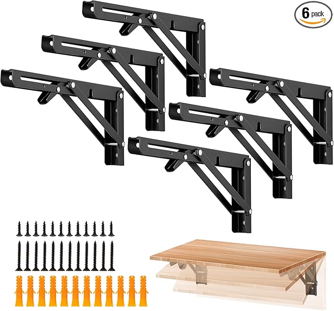 Ravinte 6 Pack 10 Inch Folding Shelf Brackets – Matte Black, Heavy Duty Collapsible Brackets for Tables and Benches – Space-Saving Design