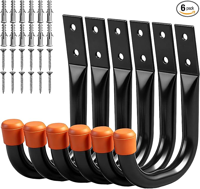 HORUSDY 6-Pack Heavy Duty Metal Wall Hooks, Large Garage Storage & Organization Hooks for Tools, Extension Cords, Ladders, and Bags, Wall Mount J Hooks for Indoor Outdoor Use, Black