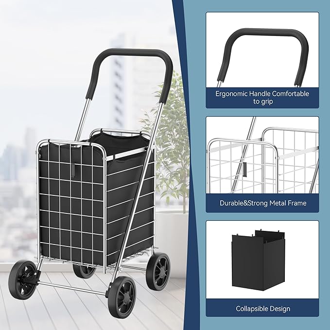 Whitmor Foldable Utility Shopping Cart with Wheels, 60Lb Capacity, Heavy Duty Grocery Cart with Steel Frame, Foam Handle, Rolling Utility Cart for Grocery, Laundry, Travel, Sliver/w Liner