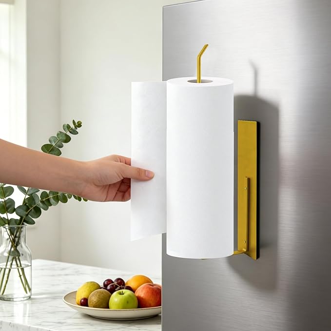 Paper Towel Holder Gold, Magnetic Paper Towel Holder for Fridge, Toilet Paper Roll Holder Magnet Paper Towel Rack Wall Mount Fridge Organizer for Golden Bathroom Kitchen Dorm Room RV Essentials, 2Pack