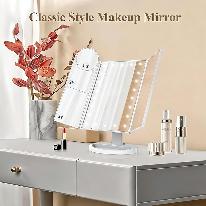 HUONUL Makeup Mirror, Vanity Mirror with Lights, 2X/3X/10X Magnification, Touch Control, Trifold, Dual Power Supply, Birthday Gifts for Women, Wife, Mom, Girls,Dorm Room Essentials