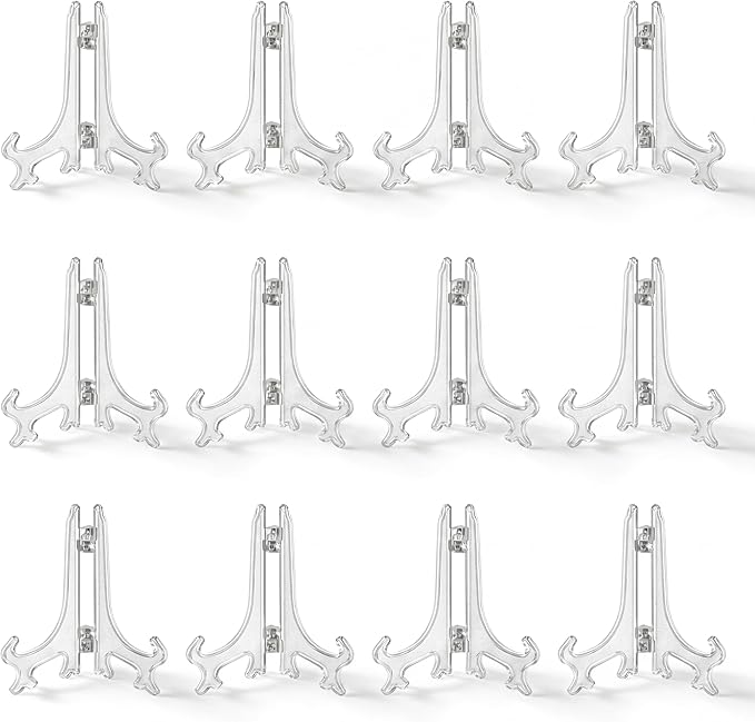 Artliving 4 Inch Clear Plastic Easels or Stand/Plate Holders to Display Pictures or Other Items at Weddings, Home Decoration, Birthdays, Tables (12 Pack)