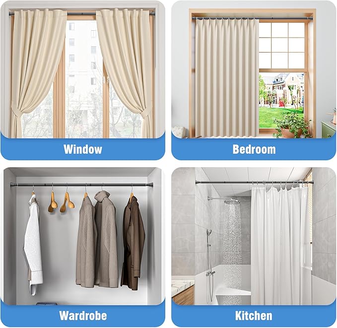 AIZESI 2 Pack Tension Curtain Rod for Windows 45 to 77 Inch, Adjustable Expandable Spring Curtain Rods No Drilling, Non Slip Curtain Rod for Bedroom Doorway Closet, Black
