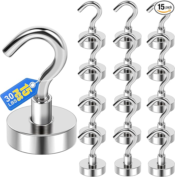 LOVIMAG Magnetic Hooks for Hanging, 30lbs Magnet Hooks for Cruise Ship Essentials, Strong Magnets for Classroom, Rare Earth Magnets with Hooks for Cruise Must Haves, Camper, Locker,Ceiling-15 Pcs