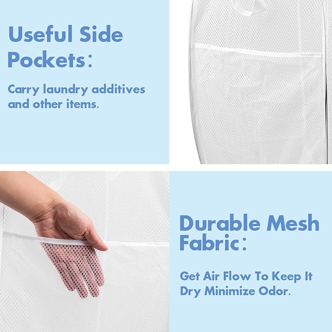 DUCOO Pop Up Laundry Hamper, 70L Collapsible Mesh Laundry Basket with Side Pocket, Foldable Dirty Clothes Hamper with Sturdy Reinforced Handles for Home Dorm Bedroom Travel Storage, White, 2Pack