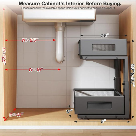 1 Pack 17IN Depth Under Sink Organizer, 2-Tier Pull Out Cabinet Organizer With Smooth Circular Rail, Large Capacity Metal Mesh Sliding Drawers For Bathroom& Kitchen Storage,Height Adjustable –Black