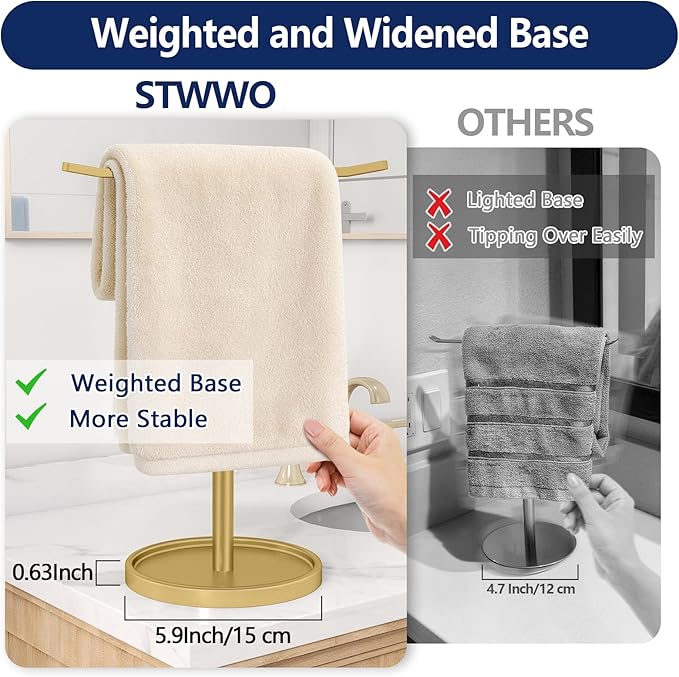 STWWO Hand Towel Holder, Stainless Steel Towel Holder Stand for Bathroom, Kitchen Countertop, T-Shaped Hand Towel Rack Stand, Gold