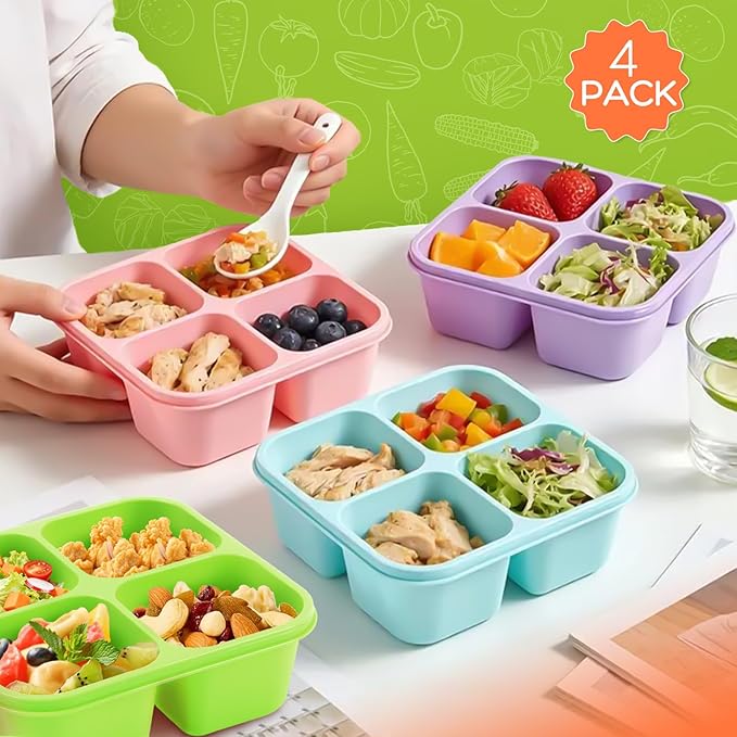 Bento Box Adult Lunch Box- 4 Pack,4 Compartment Snack Containers Reusable Meal Prep Stackable BPA-Free Lunch Containers for Home, Work, Travel (4 Color)