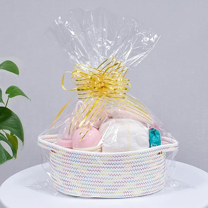 ABenkle Small Woven Basket, 12"x 8" x 5" Cute Small Basket, Rope Room Shelf Storage Basket, Cat Dog Toys Basket Chest Box, Empty Decorative Gift Basket with Handles - Colorful Thread