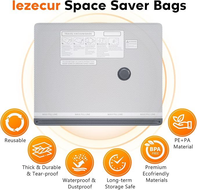 12 Pack Vacuum Storage Bags with Pump, Space Saver Travel Bags with Rechargeable Wireless Pump, Reusable Tear-Proof Compression Packing Cubes for Heavy Clothes/Bedding/Luggage/Moving 12 Combo Size