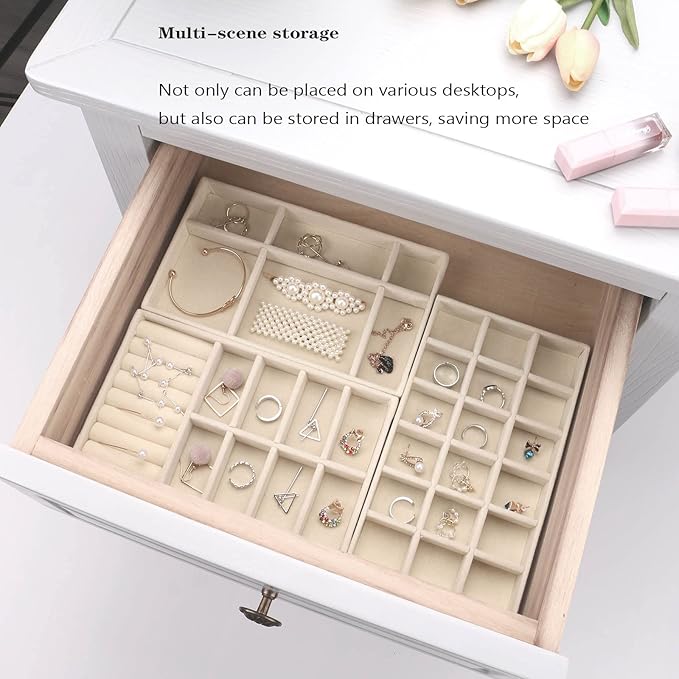 Velvet Jewelry Organizer for Drawer, Stackable Jewelry Drawer Inserts in Dresser, 8in Beige Storage Display Case for Rings Stud Necklaces Accessories, Set of 4