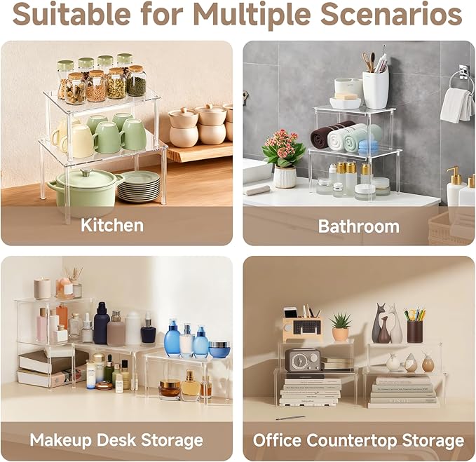 Clear Kitchen Cabinet Organizer, Set of 4 Stackable Spice Rack, Acrylic Shelves for Pantry Organizers and Storage, Tiered Spice Organization for Cabinet, Shelf Organizer for Desk Countertop