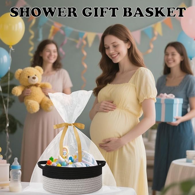 Small Woven Rope Basket-Empty Gifts Basket with Bag and Ribbons,Cute Handle Organizer Box for Birthday/Baby Shower, Toy Storage, Nursery Organizing & Shelf Decor(Black&Grey)