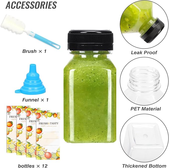 TOMNK 12pcs Juice Bottles with Caps, 4oz Plastic Containers with Lids Empty Reusable Clear Ginger Shots Bottles with Label, Funnel, and Brush Beverage for Juicing, Smoothies, Drinking, Fridge