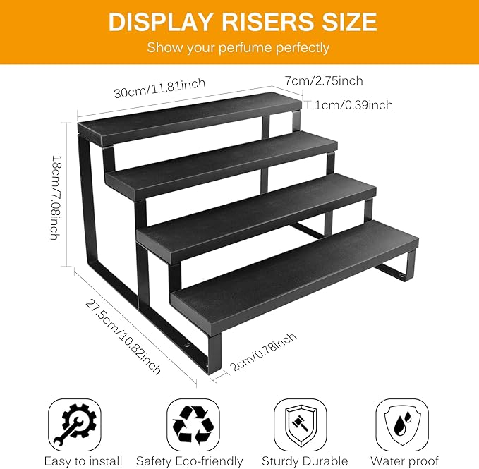 HomePekite Wooden Display Riser Stand, Tiered Perfume and Cologne Organizer Stand, 4 Tier Spice Rack Organizer, Rustic Display Shelf for Candles (4 Tier 2 Pcs), Black