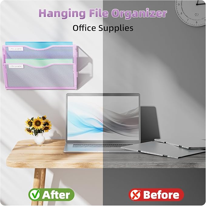 Marbrasse Wall File Holder 2-Tier Hanging Wall File Organizer, Mesh Mail Holder for Papers, Wall Mount File Clipboard & Magazine Organizer Great for Office Home (Purple)