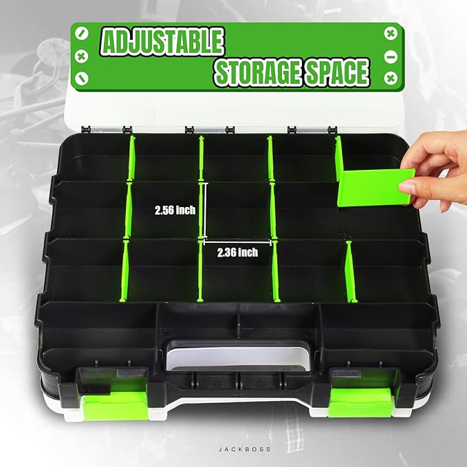 Jack Boss Tool Box with Transparent Lid, Double Side 34-Compartments Organizer Box with Removable Dividers for Hardware, Screws, Bolts, Nails, Beads, Jewelry and Fishing Accessories, Green, 4 Pack