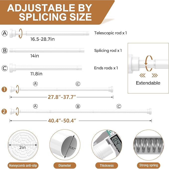 AIZESI White Spring Tension Rod No Drilling 28-50Inch 1PCS,Shower Curtain Rod Non-Slip,Adjusatable Tension Rod For Windows Durable Shower Rod,Bathroom Shower Rod Non-Rust