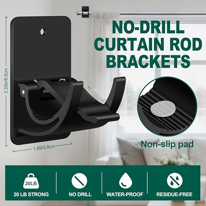 No Drill Curtain Rod Brackets, 4 PCS Self Adhesive Curtain Hooks 20lb, Nail Free Adjustable Curtain Rod Holders Rental Friendly for Apartment, Kitchen, Bathroom, Dorm ＆ Living Room