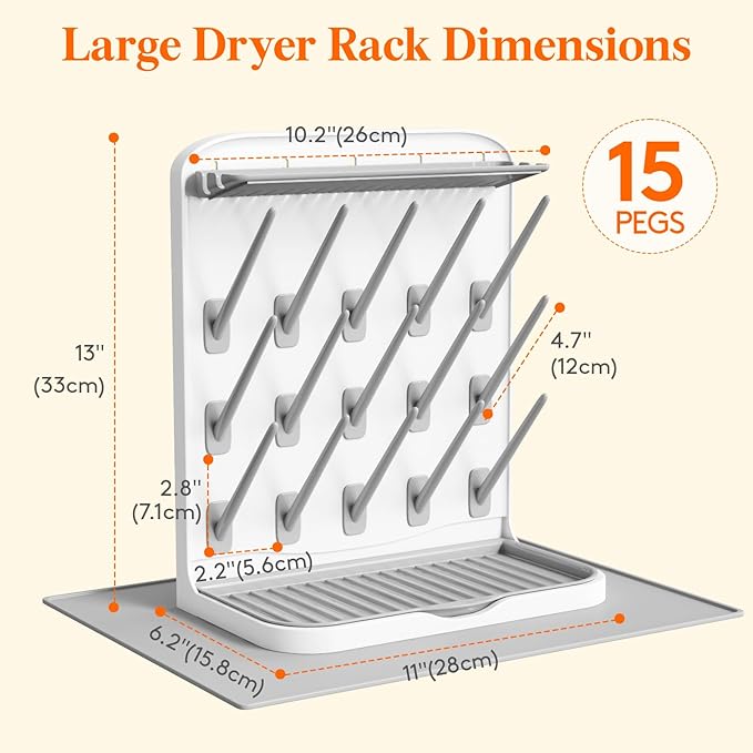 Lifewit Large Baby Bottle Drying Rack with Drain Mat & 15 Hooks, Newborn Essentials Must Haves, Countertop Holder Organizer for Baby Stuff, Rack Dryer for Pacifiers, Weighted Straws, Pump Parts
