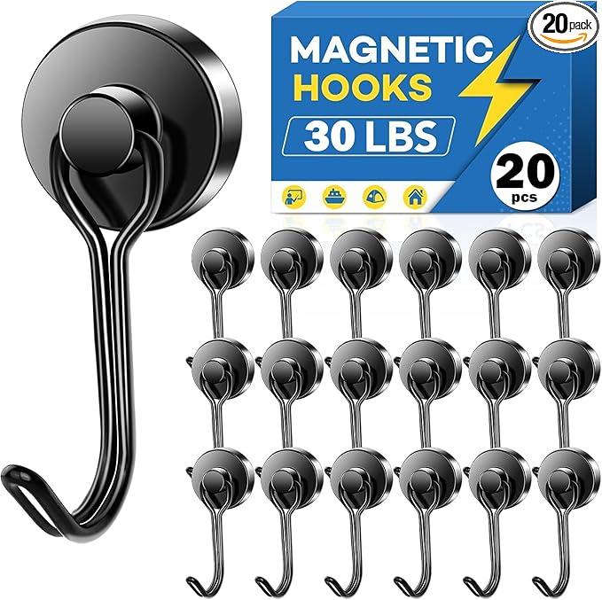 LOVIMAG Hooks, 30lbs+ Magnetic Magnet Hook 2025 Cruise Cabin Ship Essentials Heavy Duty Strong Refrigerator Fridge Hanging for Classroom Beach Vacation Kitchen Grills Home Mug Hanger (20 Pack), Black