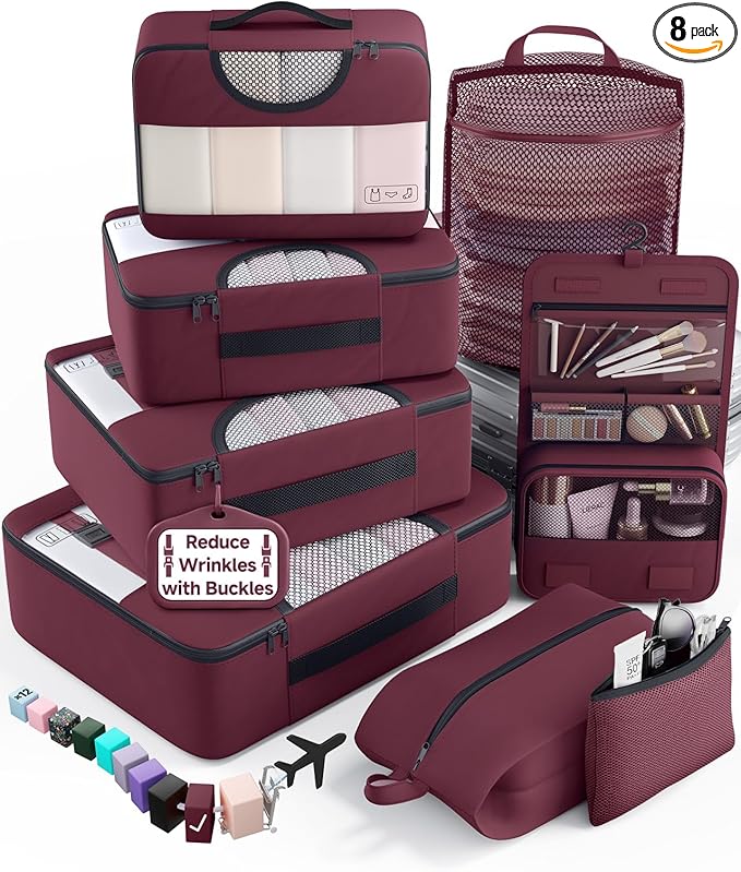 Veken 8 Set Packing Cubes for Travel Essentials, Gifts for women, Suitcase Organizer Bags in 4 Sizes, Carry-On Luggage Accessories with Large Laundry & Shoes Bag, Must-Have for Airplane