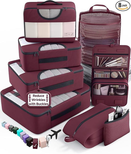 Veken 8 Set Packing Cubes for Travel Essentials, Gifts for women, Suitcase Organizer Bags in 4 Sizes, Carry-On Luggage Accessories with Large Laundry & Shoes Bag, Must-Have for Airplane
