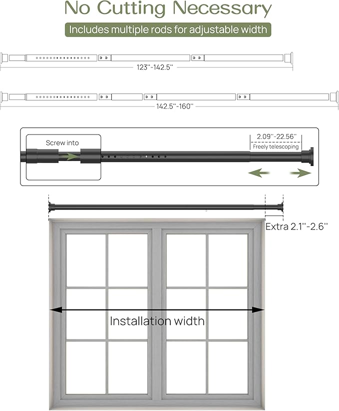 ALLZONE Tension Curtain Rod for Windows,123 to 160 Inch, Heavy Duty Extra Long Curtain Rods, Non-Slip Bathroom Shower Tension Rod, Renter Friendly, Adjustable, Spring Loaded, Black