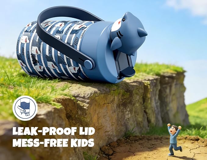 POWCAN 12 oz Insulated Water Bottle for School: 2-in-1 Straw Spout Lid with Soft Animal Head, Leakproof, BPA-Free, Keep Cold 24H, Easy Carry, Stainless Steel Cup for Kids, Boys, Girls (Baby Shark)