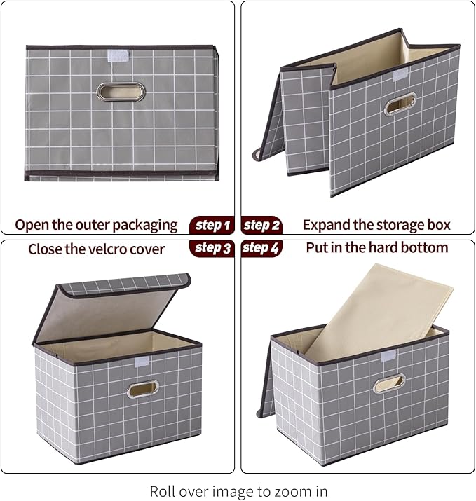 STOREONE Fabric Storage Cube Bins Foldable Organizer Container Collapsible Basket with Lids and Metal Handles, for Home, Bedroom, Closet 6 Pcs (Grey grid)