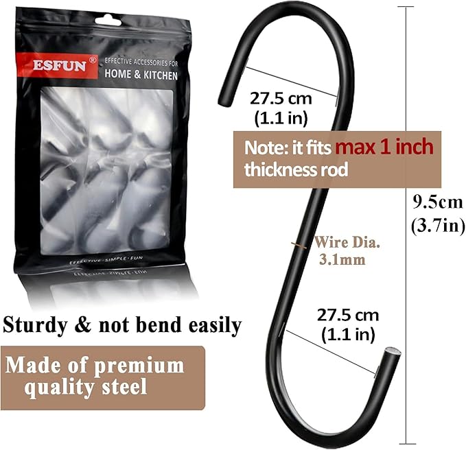ESFUN 30 Pack 3.7 inch Length S Hooks Black Steel S Shaped Hooks for Hanging Jeans Pans Pots Plants Bags Towels Kitchen Closet Hooks Hanger, Fit The Rod Dia Less than1 inches