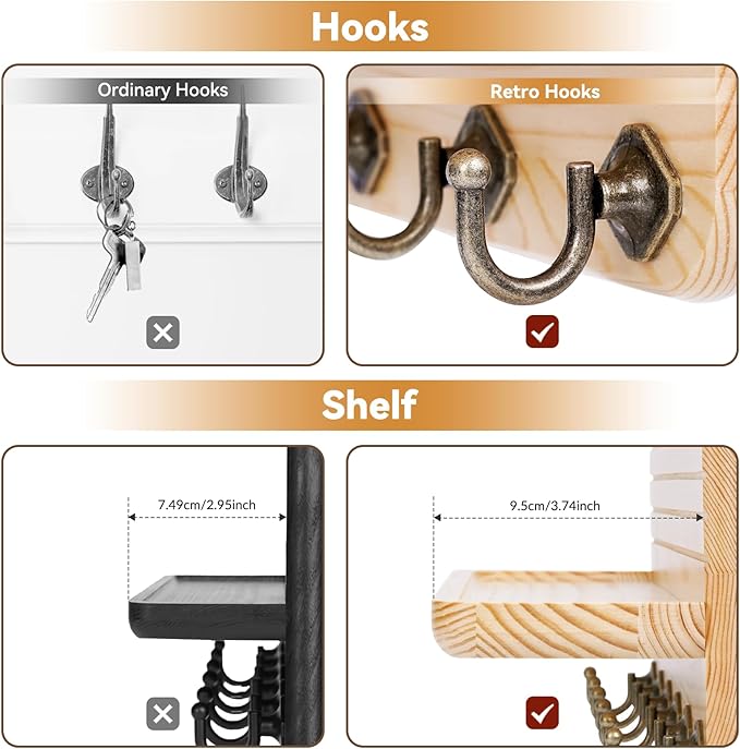 Key Holder for Wall, Mail Organizer Wall Mount with 6 Hooks Wooden Hanging Key Rack for Home Decor, Hallway, Entryway (Wood Color)
