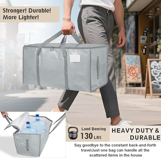 4 Pack-Extra Large Heavy Duty Moving Bags - Waterproof Storage Totes with Handles & Zippers, Foldable for College Dorm, Storage (light gray)