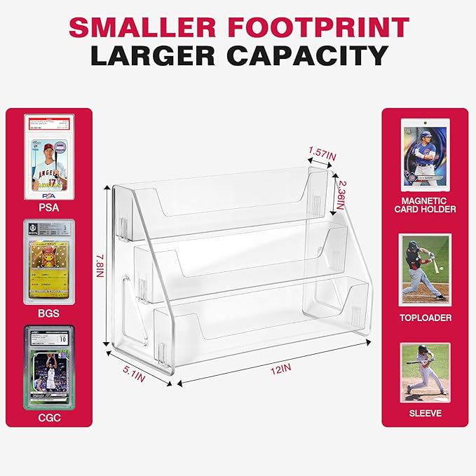 Trading Card Display Stand, Vertical Holder for Baseball Basketball Sports Graded Card Display Stand Tabletop for PSA BGS SGC Slabs, Snap-On Assembly(3 Tier, 2 Pack)