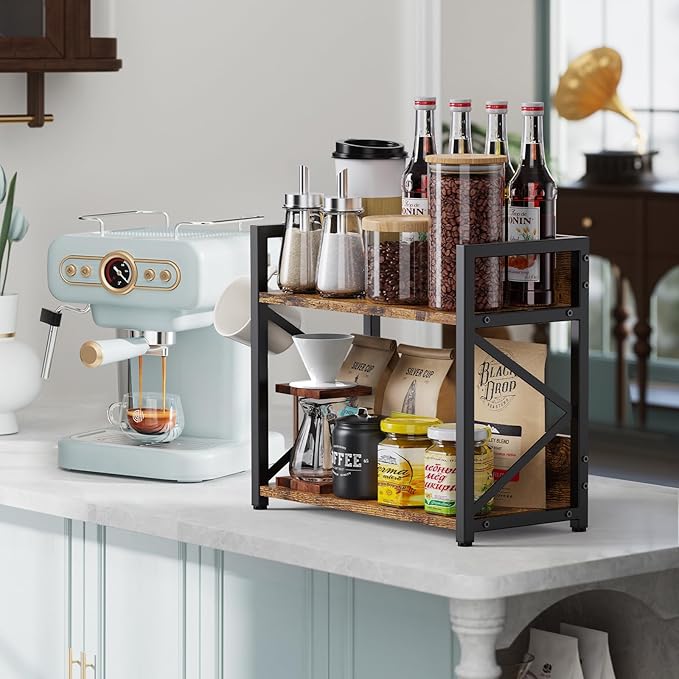 2 Tier Kitchen Counter Shelf Organizer, Coffee Bar Station Organizer for Countertop，Space Saving Spice Rack, Desk Shelf Riser, Coffee Bar Accessories(Rustic Brown, Medium) | Organizer, Coffee Bar Station, Space Saving, Spice Rack, Desk Shelf Riser