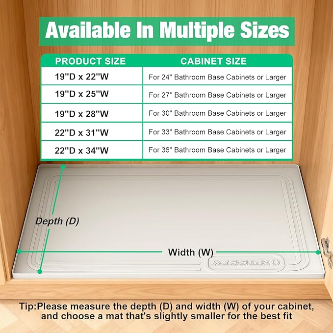 Aisslro Under Sink Mat 22" X 19", Waterproof Silicone Cabinet Protector with Raised Edge, Kitchen & Bathroom Leak Tray, Shelf Liner & Pet Feeding Mat for Dog Cat Food Mats, Beige