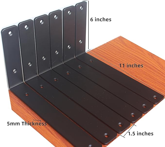 10 Pack - L 11" x H 6" x W1.5, 5mm Thick Black L Shelf Bracket, Iron Shelf Brackets, Metal Shelf Brackets, Floating Shelf, Shelf Supports with Screws