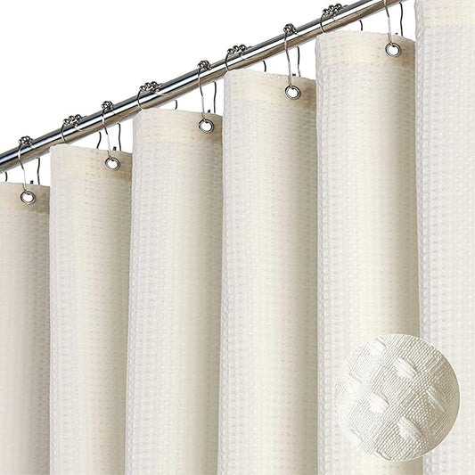Dynamene Stall Fabric Shower Curtain - 48 inch Wide Waffle Weave Weighted Thick Cloth Shower Curtain for Bathroom, Neutral Heavy Duty Hotel Spa Luxury Bath Curtain Set with 8 Hook, 48x72, Cream/Ivory