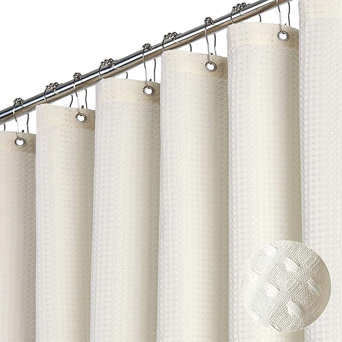 Dynamene Extra Wide Shower Curtain - 180 Inch Wide Waffle Weighted Thick Cloth Bathroom Shower Curtain, Neutral Heavy Duty Hotel Shower Curtain Set with 32 Plastic Hooks, 180x72, Cream/Ivory
