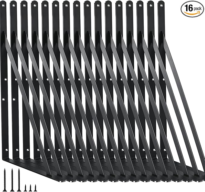 16 Pack L16 x H 10" Black Heavy Duty Shelf Brackets with Screws Metal Shelf Brackets Shelf Support Angle Brackets for Shelves L Brackets Heavy Duty Floating Shelf