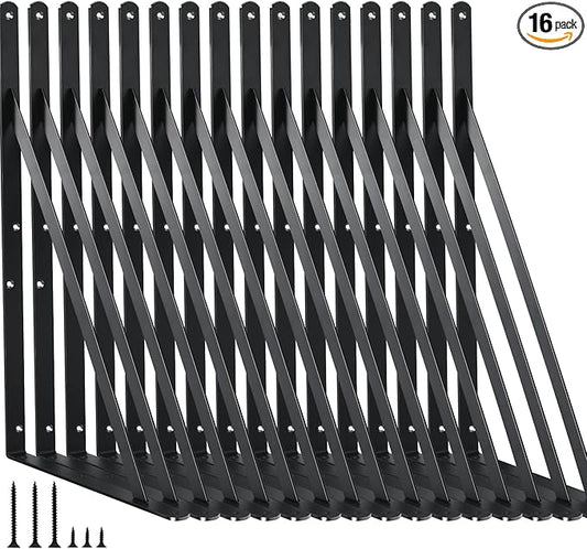 16 Pack L16 x H 10" Black Heavy Duty Shelf Brackets with Screws Metal Shelf Brackets Shelf Support Angle Brackets for Shelves L Brackets Heavy Duty Floating Shelf