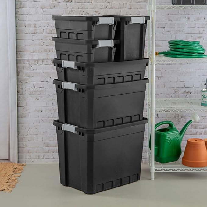 Sterilite 6-Pack Plastic Storage Bins with Lids, Stackable Containers, 4 Gallon, Black
