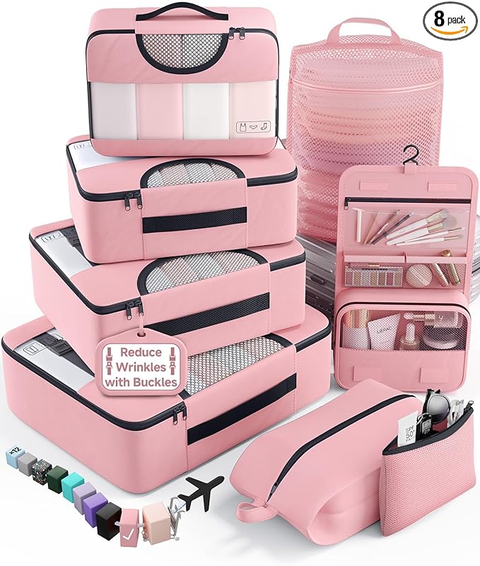 Veken 8 Set Packing Cubes for Travel Essentials, Suitcase Organizer Bags in 4 Sizes, Carry-On Luggage Accessories with Large Laundry & Shoes Bag, Must-Have for Airplane, Road Trip & Camping