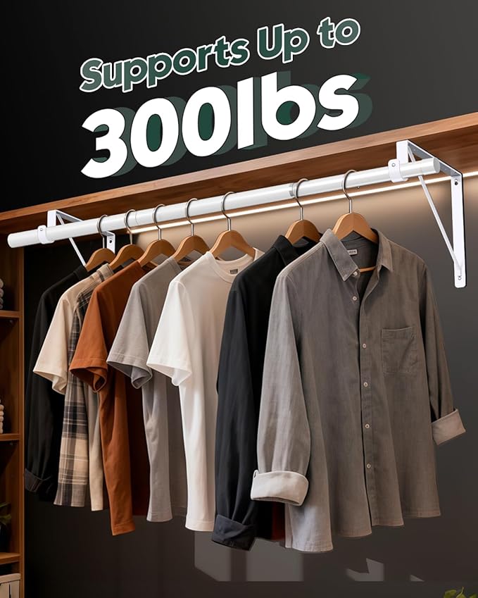 Supforce 4 Pack Closet Rod Bracket, Heavy Duty Closet Rod Support with Rod Holder, Wall Mounted Closet Shelf Brackets with Triangle Stabilizing Design for Closet, Bathroom and Kitchen, White