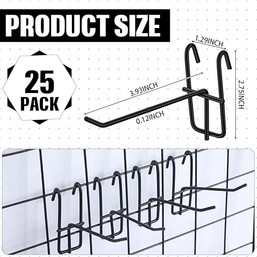 Moxweyeni 4 Inch Grid Wall Hooks 25 Pcs Gridwall Panel Hooks Store Garage Wall Mount Organizers Storage Grid Display Hangers for Retail, Craft Show, Home Setup, Customized Display (Black)