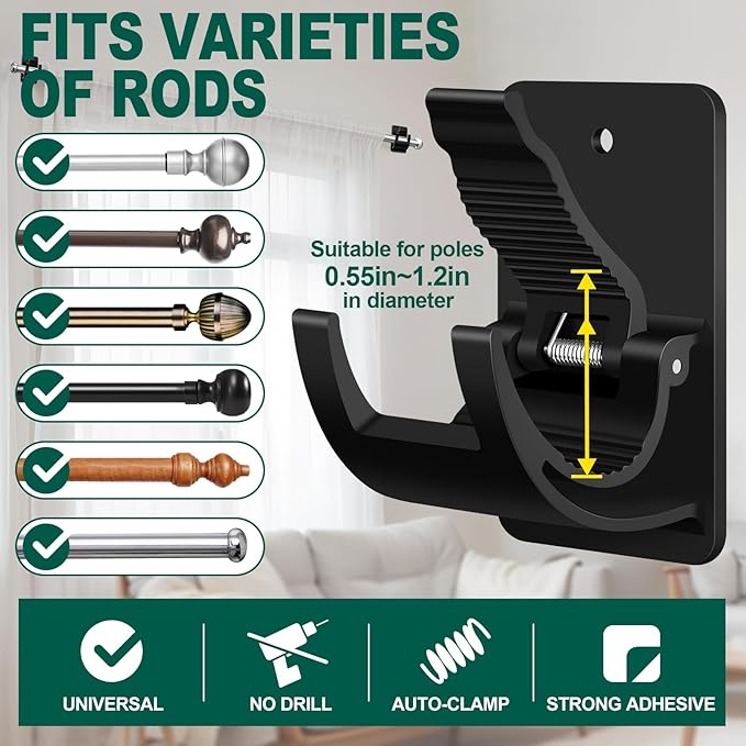 No Drill Curtain Rod Brackets, 4 PCS Self Adhesive Curtain Hooks 20lb, Nail Free Adjustable Curtain Rod Holders Rental Friendly for Apartment, Kitchen, Bathroom, Dorm ＆ Living Room
