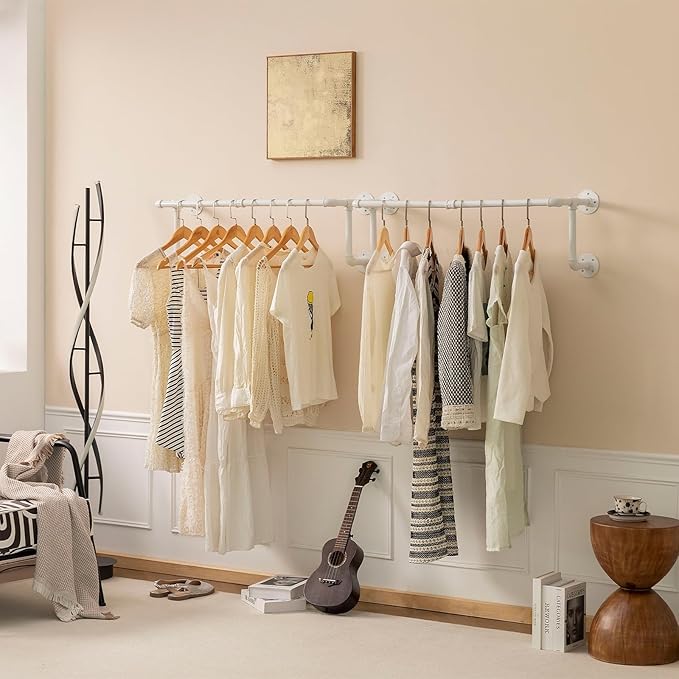 Homeyeeng Clothes Racks, Industrial Pipe Clothing Racks for Hanging Clothes, Wall Mounted Heavy Duty Space Saving Garment Racks, Multi-Purpose Clothing Hanging Rods for Closet Storage, White, 2Pcs
