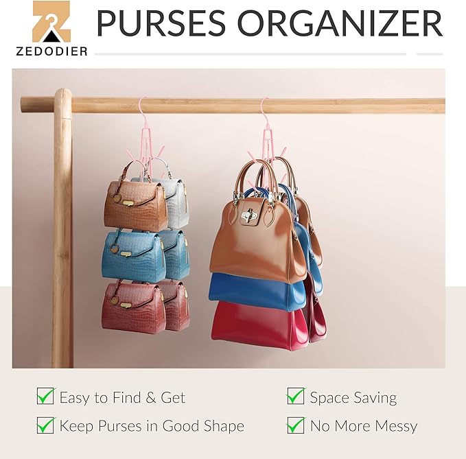 ZEDODIER Purse Organizer for Closet, Heavy-Duty Hanging Purse Hanger Closet Holds Up to 6 Purses, Metal Rotating Space Saving Bag Holder Handbag Storage Hook Backpack Rack, Pink