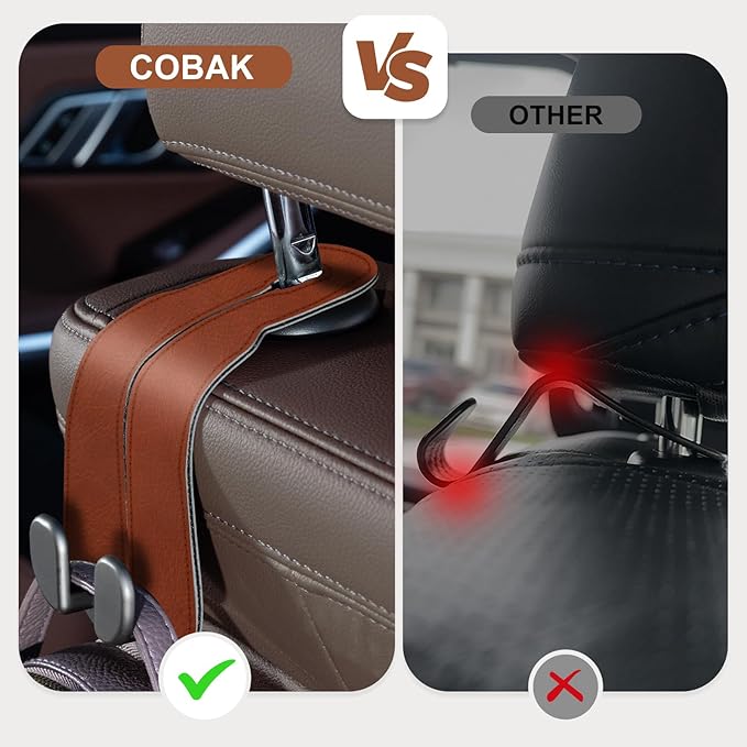 CoBak Purse Hook for Car - Universal Premium Stitched Leather and Aluminum-Magnesium Alloy Double Car Seat Back Storage Hook for Purses, Handbags, Bags (2 Pack),Russet Brown
