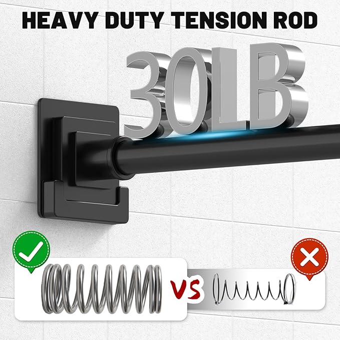 Matte Black Shower Curtain Rod 31-55 inches with Holders, Stainless Steel Shower Rod & Tension Rod, Adjustable Tension Shower Curtain Rod for Bathroom, Windows, Closet